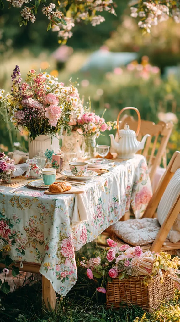 A charming outdoor tea party scene is set on a floral tablecloth.  Delicate pink and white flowers adorn the table, along with a white teapot and vintage china.  Wooden chairs and a wicker basket filled with more flowers add to the idyllic setting.  A croissant rests on a wooden board, suggesting a delightful afternoon treat. The overall ambiance is romantic and peaceful, evoking a sense of springtime tranquility.