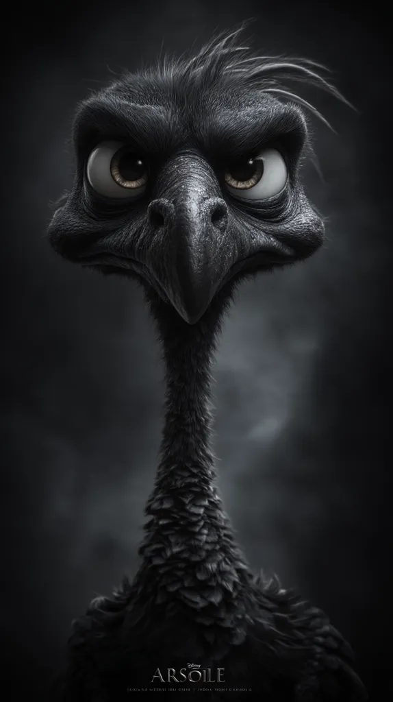 A close-up, monochrome illustration showcases a stylized emu.  Its expressive eyes, conveying a stern gaze, are prominent against the dark background. The emu's textured feathers and long neck are detailed, creating a striking contrast between the creature's intense expression and the soft, shadowy backdrop. The overall effect is dramatic and captivating.  The film title "Arsoile" is subtly placed at the bottom.
