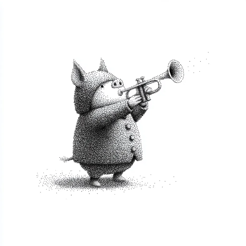 A pointillist illustration depicts a pig in a coat playing a trumpet.  The pig, rendered in stippling, stands on short legs, its body rounded.  The trumpet is held to its mouth, and a small puff of air is visible.  The overall style is whimsical and charming, with a focus on texture created by the tiny dots.