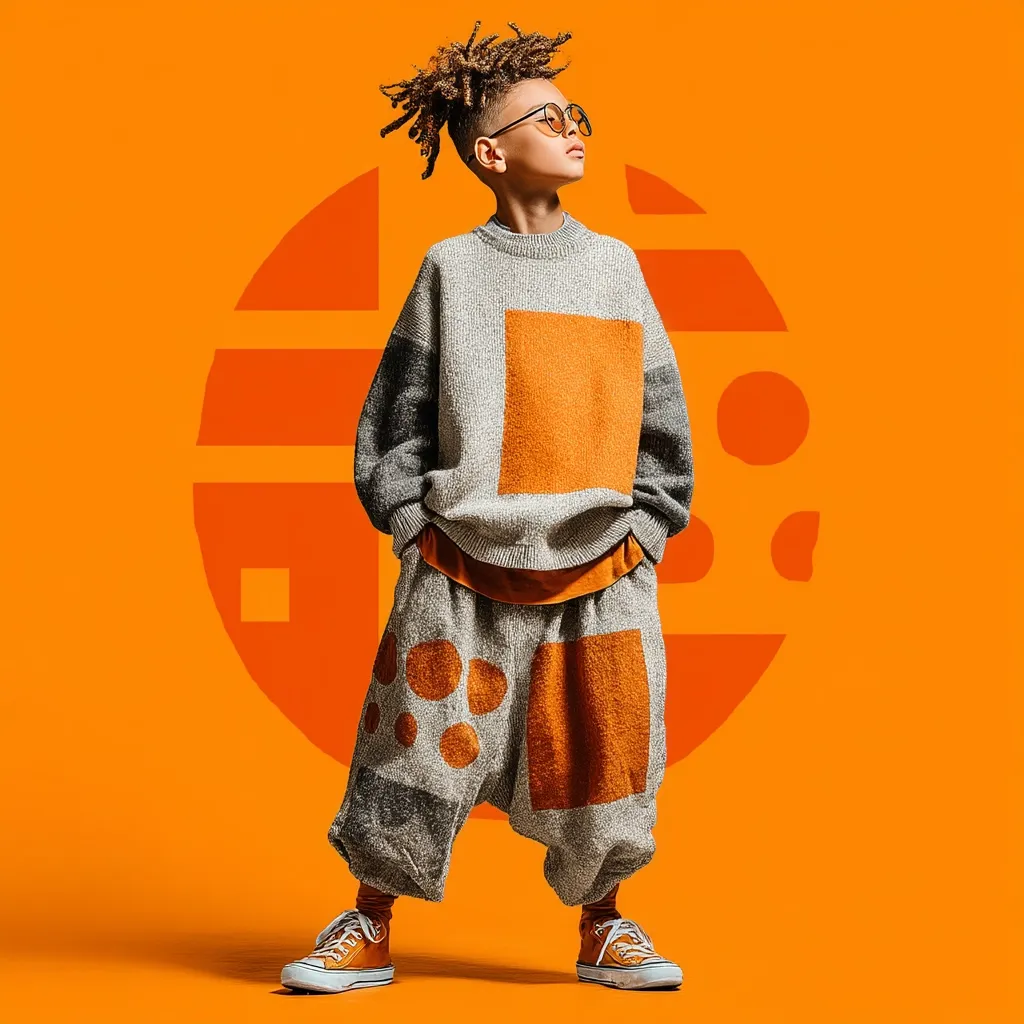 A stylish young person with dreadlocks and glasses models a gray and orange color-blocked sweater and unique patterned pants. The outfit features geometric shapes and a relaxed fit.  The model stands against a vibrant orange background, accented by a large, abstract orange circle graphic behind them.  The overall image is bold and expressive, showcasing contemporary children's fashion.