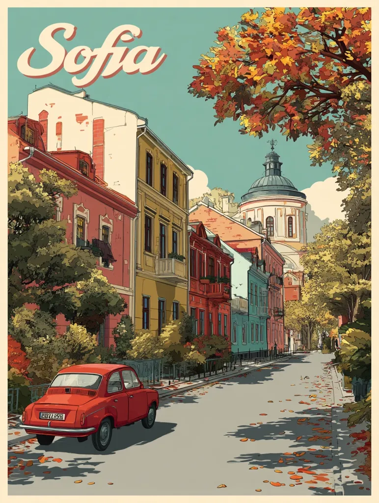 A vintage-style travel poster depicts Sofia, Bulgaria.  Autumnal leaves carpet the street, lined with colorful, historic buildings. A classic red car sits parked, adding to the nostalgic feel.  A church dome is visible in the distance, completing the charming cityscape. The overall aesthetic is reminiscent of mid-century tourism advertisements.