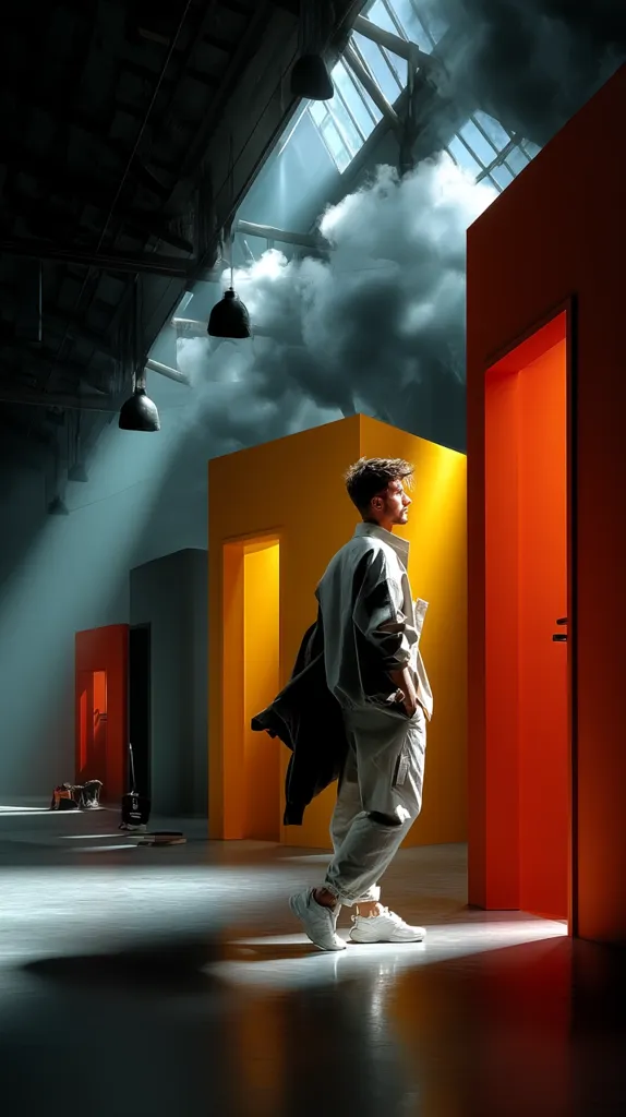 A man in light beige pants and a jacket stands in a large, industrial-style room with colorful doorways.  Sunlight streams through a skylight, illuminating dust motes in the air.  The scene is moody and atmospheric, with the man appearing contemplative as he looks towards a bright orange door.  The overall aesthetic is modern and artistic.