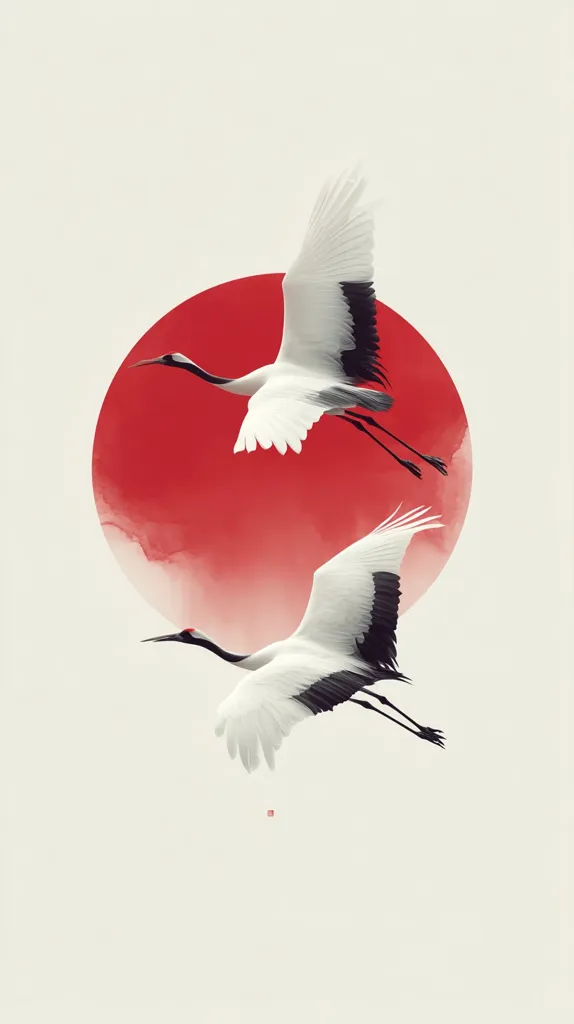 Two red-crowned cranes gracefully fly against a backdrop of a large, red, watercolor-style circle.  The birds, depicted with meticulous detail, showcase their white bodies and black wingtips.  The minimalist composition evokes a sense of serenity and traditional Japanese art.  The soft color palette and simple background highlight the elegance of the cranes in flight.