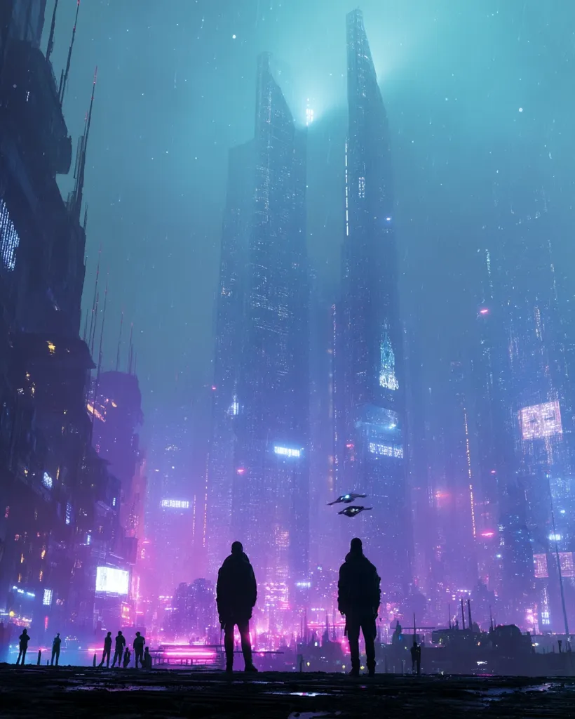 A futuristic cityscape bathed in neon-pink and teal hues is depicted under a star-dusted night sky.  Two figures stand silhouetted in the foreground, gazing at towering, sleek skyscrapers.  Smaller buildings and flying vehicles populate the scene, creating a vibrant, otherworldly atmosphere. The overall mood is a blend of awe and mystery, hinting at a technologically advanced yet possibly dystopian future.