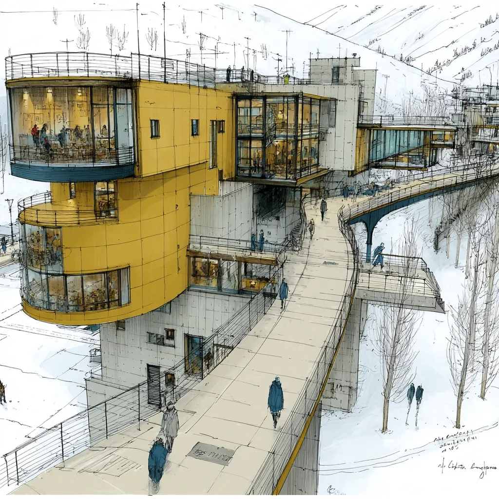 A stylized architectural sketch depicts a modern building complex nestled in a snowy mountainside.  A curving elevated walkway connects different sections of the building, which features a distinctive mustard-yellow cylindrical structure with large windows offering views.  People are sparsely distributed along the walkway and inside the building, adding a sense of scale and activity to the scene. The style blends precise lines with loose, expressive rendering of the environment.