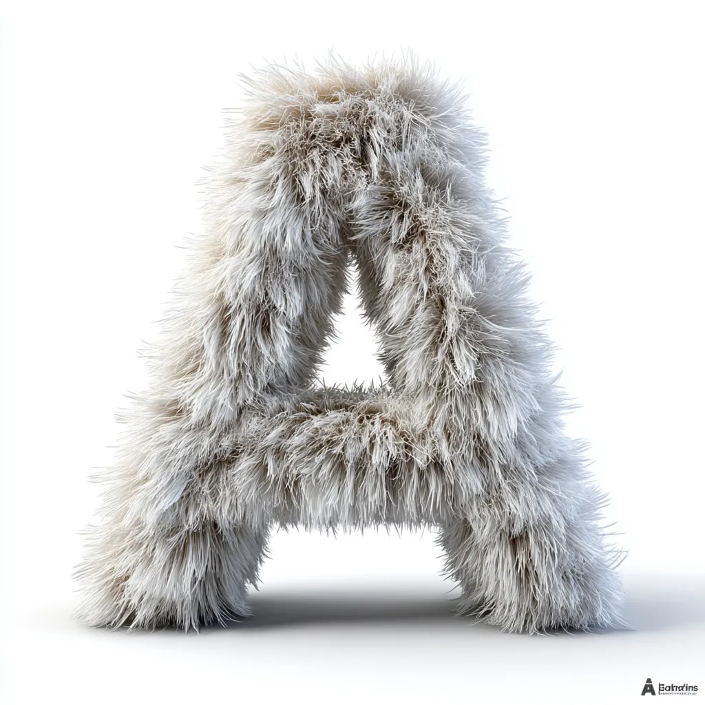 A fluffy, three-dimensional letter "A" is presented against a stark white background.  The letter is rendered to appear as if it is made entirely of light-grey or off-white fur, creating a soft, textured effect. The fur is long and appears dense, giving the letter a plush, almost cuddly appearance. The image is clean and well-lit, highlighting the texture of the faux fur.