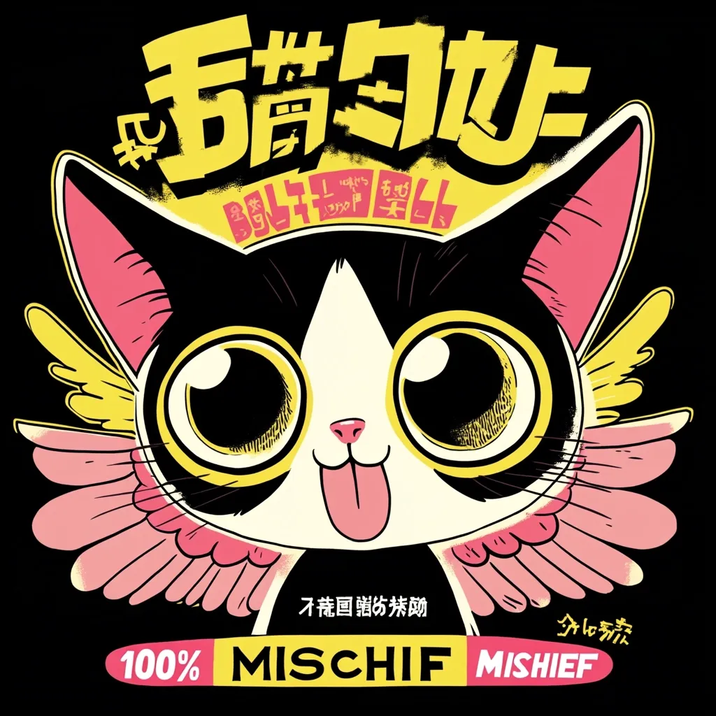 A cute cartoon cat with large, expressive eyes and pink angel wings dominates the design.  The cat's tongue playfully sticks out.  Yellow stylized text surrounds the cat's head, and the bottom features "100% MISCHIEF MISCHIEF" in a bold font, along with smaller Asian text.  The overall style is vibrant and playful, ideal for apparel or merchandise.