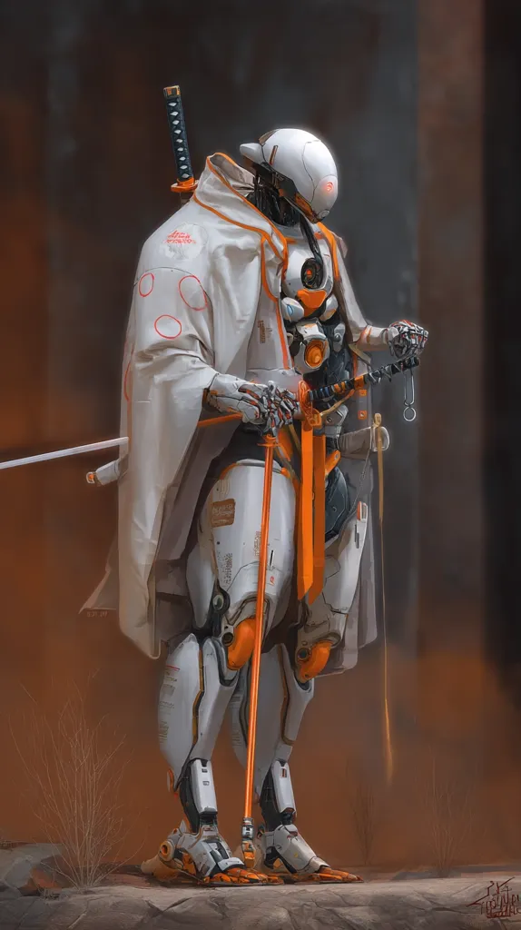 A futuristic samurai robot, clad in white and orange armor, stands stoically.  The robot wears a flowing white robe reminiscent of traditional Japanese clothing and carries two swords, one sheathed on its back and another held in its mechanical hands.  The setting appears desolate, with muted earthy tones dominating the background.  The robot's design blends advanced technology with ancient warrior aesthetics.