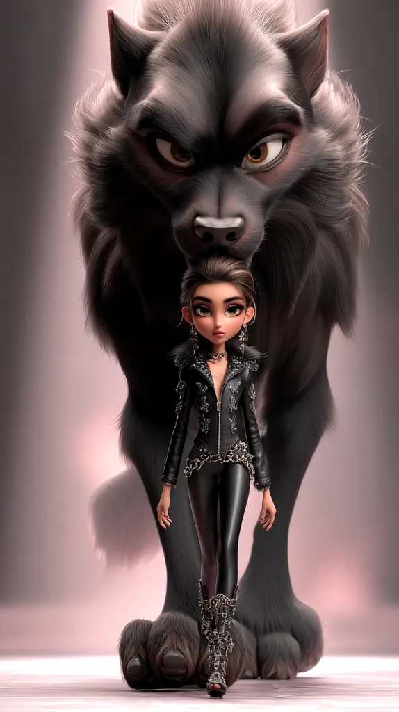 A stylized 3D rendering depicts a young woman in a black leather outfit, boots, and jewelry, walking confidently.  Behind her, a large, dark-furred wolf looms, its intense gaze directed forward.  The contrast between the human and animal forms creates a powerful, almost mythical image. The scene's lighting and color palette emphasize the dramatic mood.