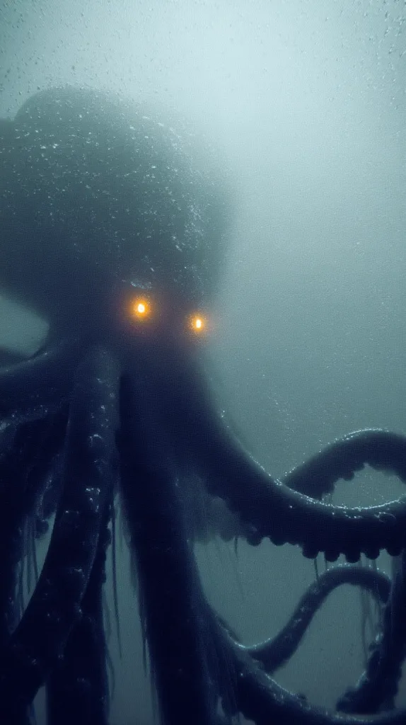 A colossal, shadowy octopus looms in murky, deep ocean water.  Its massive tentacles drape around it, partially obscured by the hazy, dark-green depths.  Two glowing orange eyes pierce the gloom, adding to the creature's ominous presence.  The scene evokes a sense of mystery and fear, suggesting a legendary sea monster.