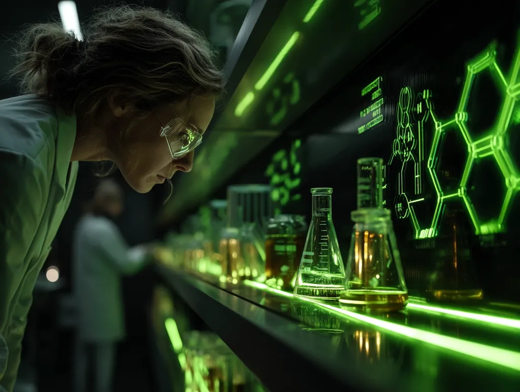 A female scientist, wearing safety glasses and a lab coat, intently examines various chemical compounds and glassware within a high-tech laboratory.  The lab is illuminated with green LED lighting, showcasing a futuristic and advanced scientific environment.  A blurred figure in the background suggests the presence of another researcher.  Digital displays depict molecular structures, enhancing the technologically sophisticated setting.
