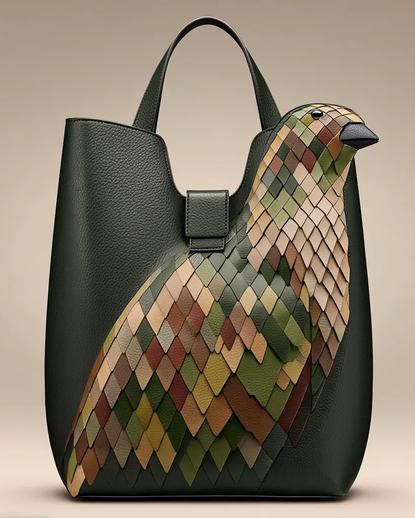 A dark green leather tote bag features a striking design.  A bird, crafted from intricately arranged smaller pieces of leather in earthy tones, adorns the side.  The bird's head is visible, adding a unique and artistic element to the bag's overall sophisticated and stylish appearance.  The bag's structured shape and quality leather suggest a high-end design.