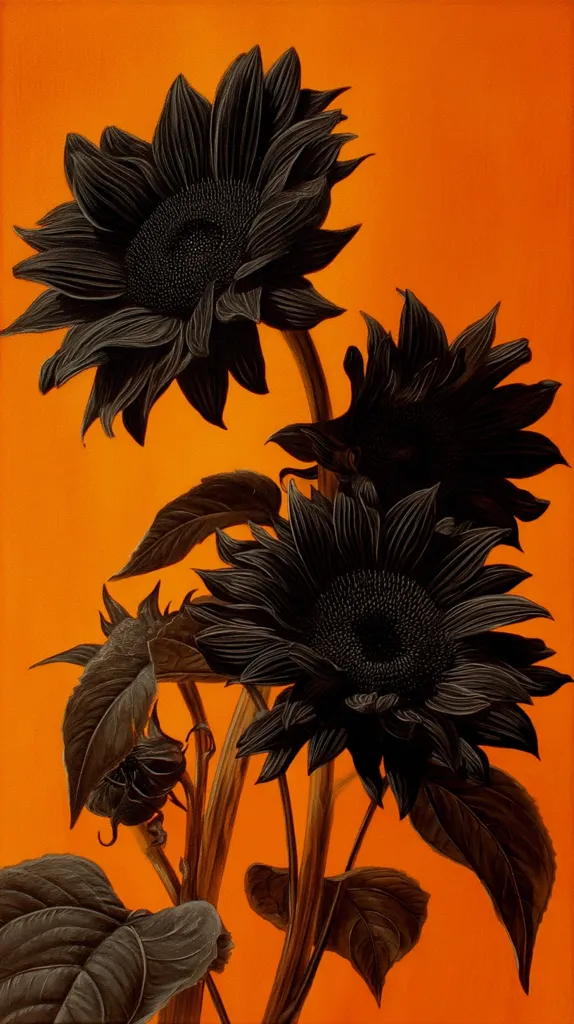 A striking still life painting showcases three dark sunflowers against a vibrant orange backdrop. The sunflowers, rendered in deep, almost black hues, possess intricate detailing in their petals and centers. Their stems and leaves, equally dark, contrast sharply with the bright orange background. The composition is vertical, emphasizing the height of the flowers and creating a dramatic visual effect.  The overall mood is one of both beauty and somberness.