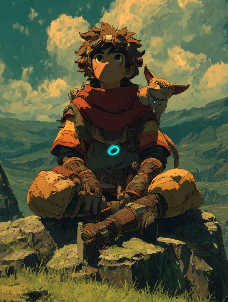 A young boy, wearing goggles and a tattered outfit, sits on a rock, gazing at a vast, rolling landscape under a cloudy sky.  He has a small, fox-like creature perched on his shoulder.  The boy’s attire suggests a journey, and a worn amulet hangs around his neck. The scene is painted in a stylized, almost painterly manner, evoking a sense of adventure and wonder.