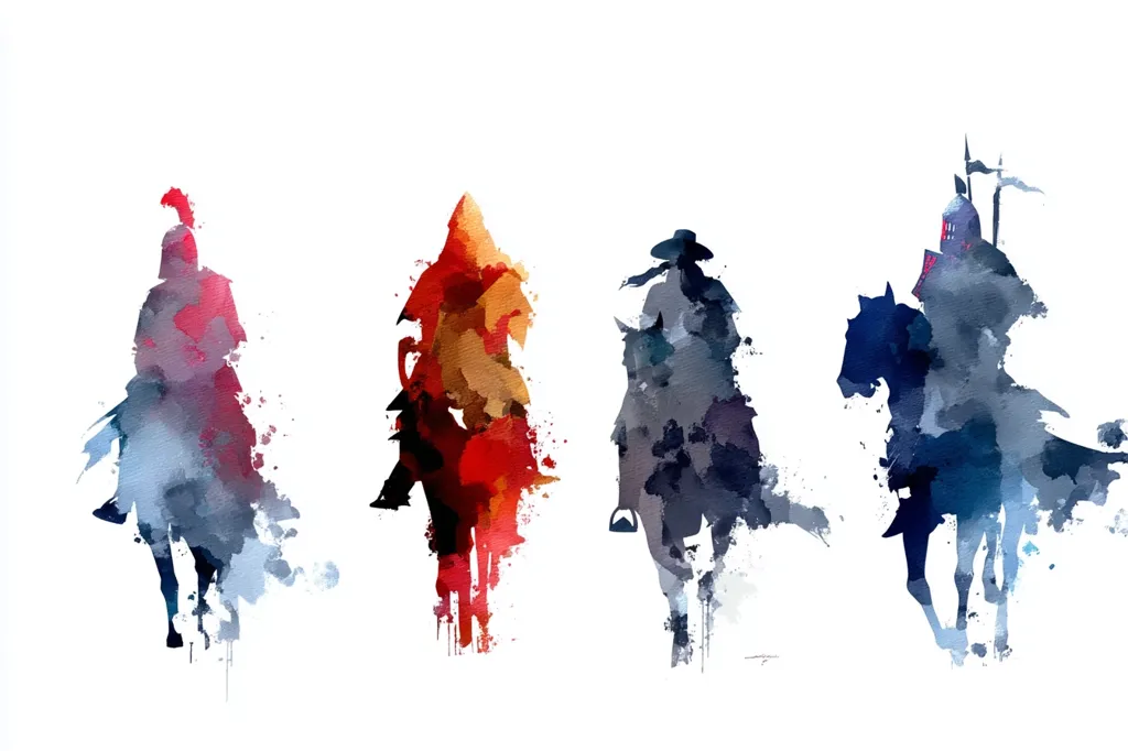 A watercolor painting depicts four figures on horseback, seemingly warriors or knights, in a procession. Each rider is rendered in a distinct color palette—red, orange, blue, and dark blue—with splashes of color suggesting movement.  Their forms are somewhat abstract, emphasizing their silhouettes against a white background. The style is impressionistic, focusing on color and texture rather than precise detail.