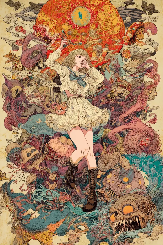 A young girl in a white dress and boots stands amidst a surreal, densely detailed landscape.  The scene is a chaotic mix of grotesque creatures, swirling organic forms, and fantastical elements.  A large, eye-like orb dominates the upper portion of the image, radiating an intense energy.  The overall style is reminiscent of intricate graphic novels or psychedelic art, creating a visually striking and unsettling composition.