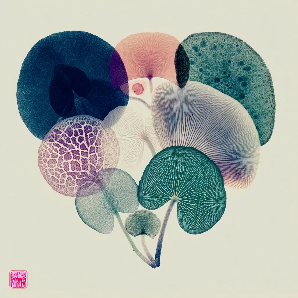 An abstract artwork depicts a cluster of translucent fungi in a heart shape.  Various shades of teal, purple, pink, and grey-blue create a dreamlike effect. The detailed veining within each mushroom cap is visible, suggesting a delicate, almost ethereal quality. The piece evokes a sense of tranquility and natural beauty.