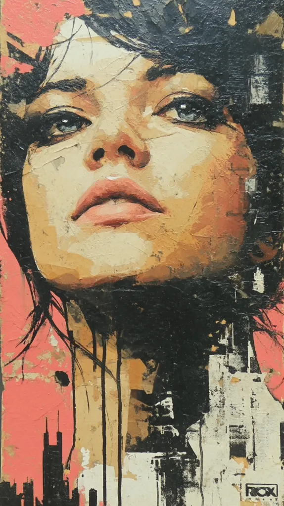 A stylized portrait of a woman's face, painted in a bold, textured style.  Her gaze is directed upward, and her expression is contemplative.  The background incorporates abstract elements suggesting an urban cityscape, with contrasting colors and textures creating a dynamic composition.  The artist's signature is visible in the bottom right corner. The overall effect is expressive and evocative.