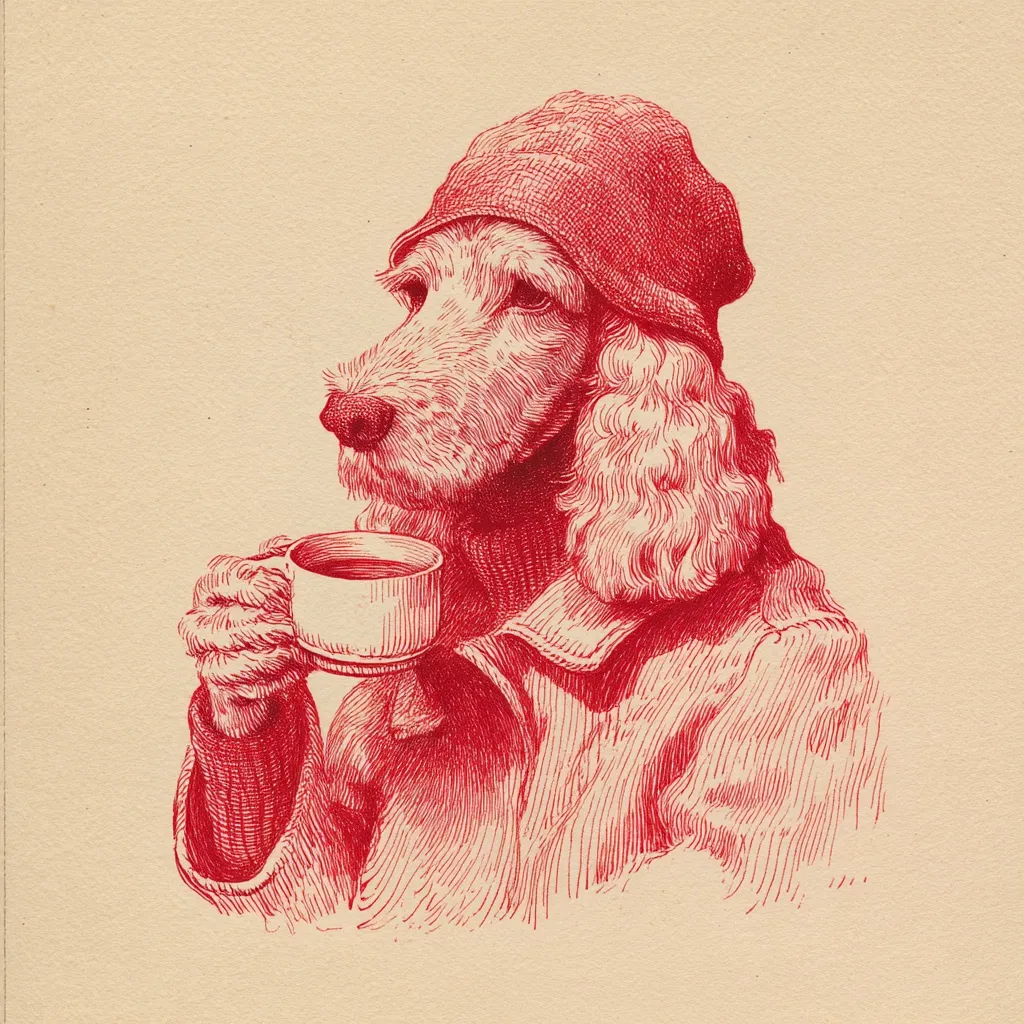 A red ink drawing depicts a Cocker Spaniel dog wearing a knitted cap and coat, delicately holding a cup of tea.  The detailed illustration showcases the dog's furry texture and thoughtful expression. The overall style is reminiscent of vintage printmaking. The image is set against a light beige background.