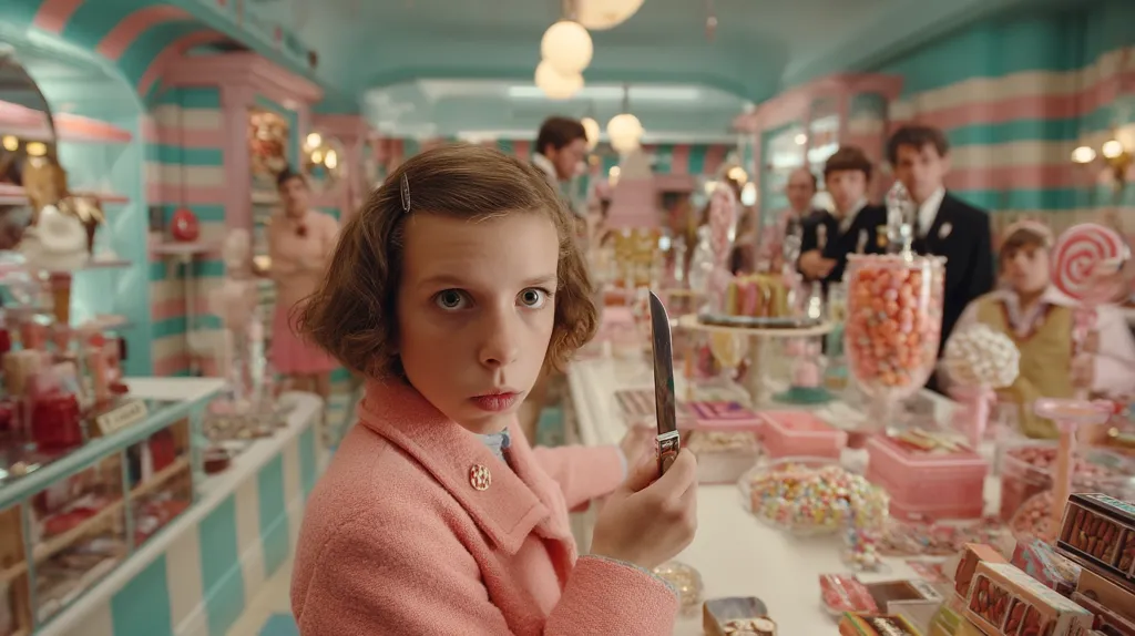 A young girl with short brown hair, wearing a pink coat, stands in a whimsical candy shop.  She holds a small knife, her expression serious. The shop is brightly colored with pastel pinks and teals, filled with various sweets and candies in jars and boxes. Adults and other children are blurred in the background, engrossed in their own activities within the confectionery. The scene is vibrant and slightly unsettling due to the juxtaposition of the girl and the knife.