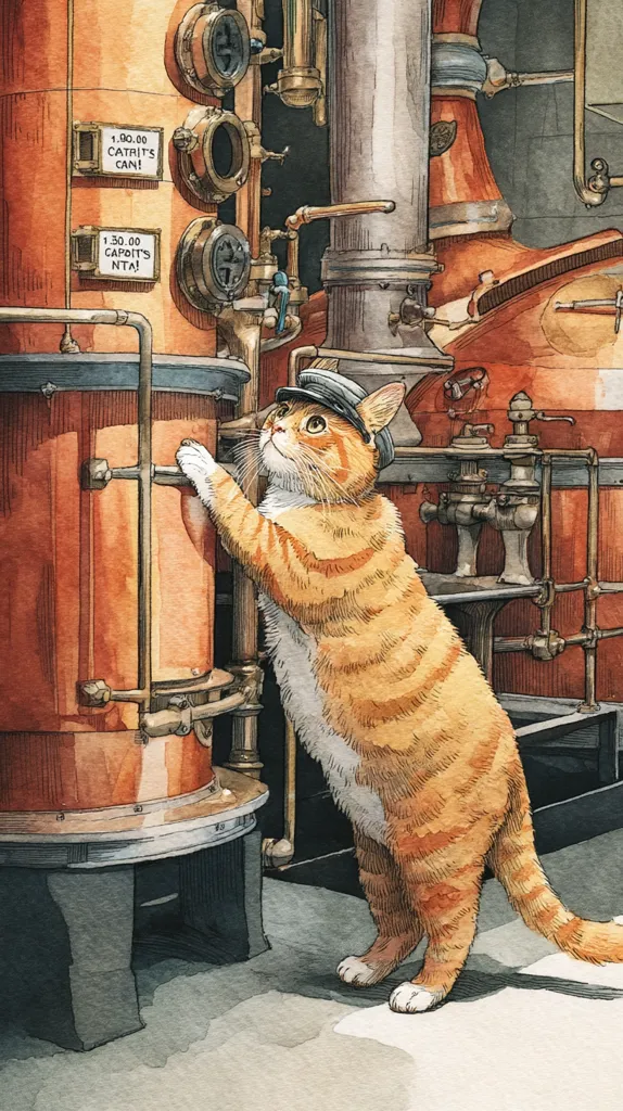 A ginger cat, wearing a conductor's cap, stands attentively beside a large copper distillery apparatus.  The cat's posture suggests careful observation of the equipment.  Small signs on the distillery read "Catrits Can!" and "Caprits NTA!". The scene is detailed and reminiscent of vintage industrial artwork.