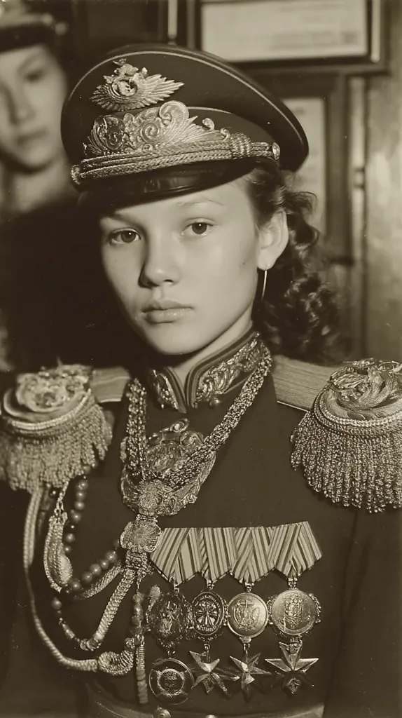 A sepia-toned portrait captures a young woman in a military uniform.  She wears an ornate cap with intricate gold detailing, a richly decorated jacket laden with medals and braid, and a long beaded necklace.  Her expression is serious and direct, her gaze fixed on the viewer.  Another woman, partially visible in the background, suggests a context of camaraderie or a formal setting. The image evokes a sense of history and formality.
