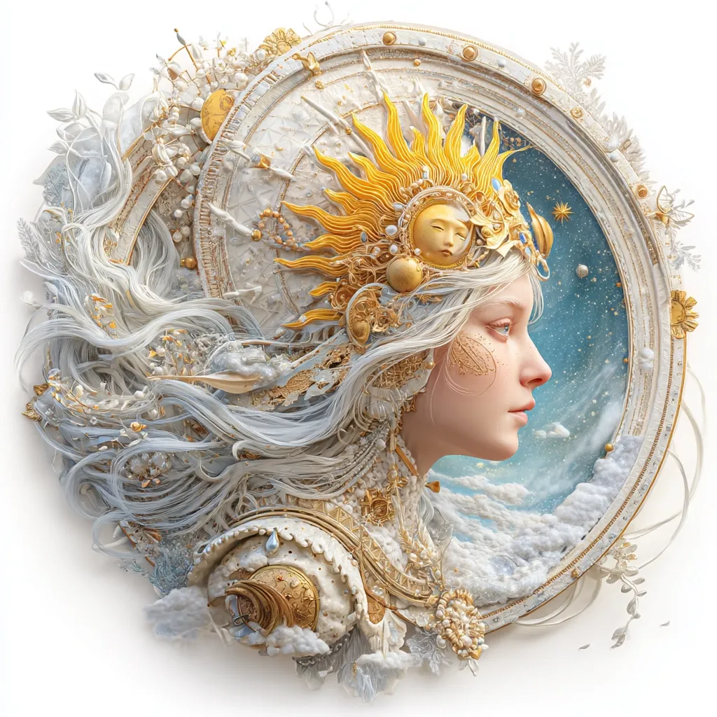 A digital artwork depicts a woman's profile, adorned with an elaborate headdress resembling a sun and celestial elements.  Her long, flowing silver hair blends with the ornate gold and white details of the circular frame. The background suggests a cloudy sky, creating a dreamy, ethereal atmosphere. The image combines elements of fantasy, art nouveau, and celestial imagery.