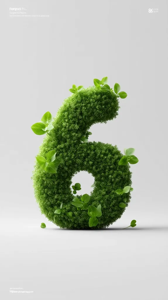 A vibrant green number six is crafted from lush moss, adorned with small, delicate leaves.  The number sits against a minimalist, light grey background. The image evokes a sense of nature and environmental consciousness, creating a visually appealing and symbolic representation of the number.  Small leaves are scattered around the base, enhancing the natural aesthetic.