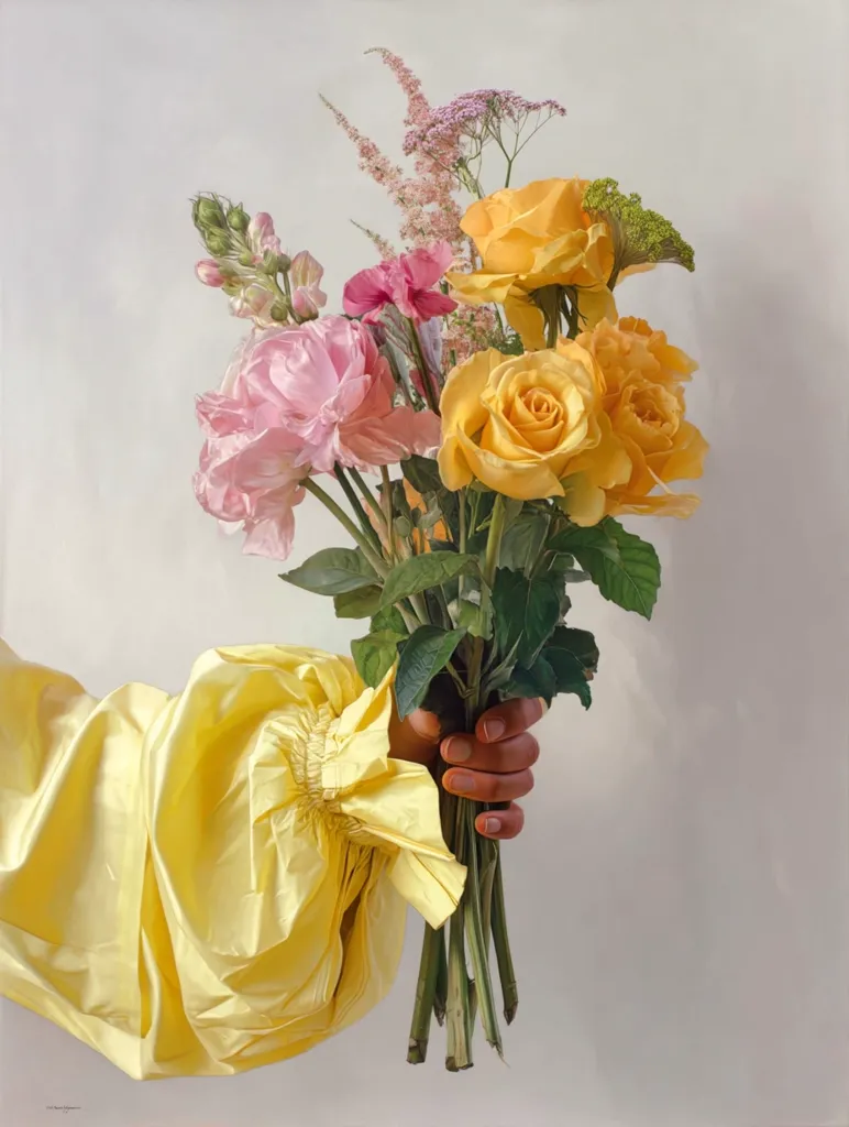 A hand, adorned with a pale yellow, ruffled sleeve, gently cradles a vibrant bouquet.  The flowers, a mix of soft pink peonies, sunny yellow roses, and delicate sprigs of greenery, are arranged with artistic flair. The overall aesthetic is one of serene beauty and gentle grace against a muted background.
