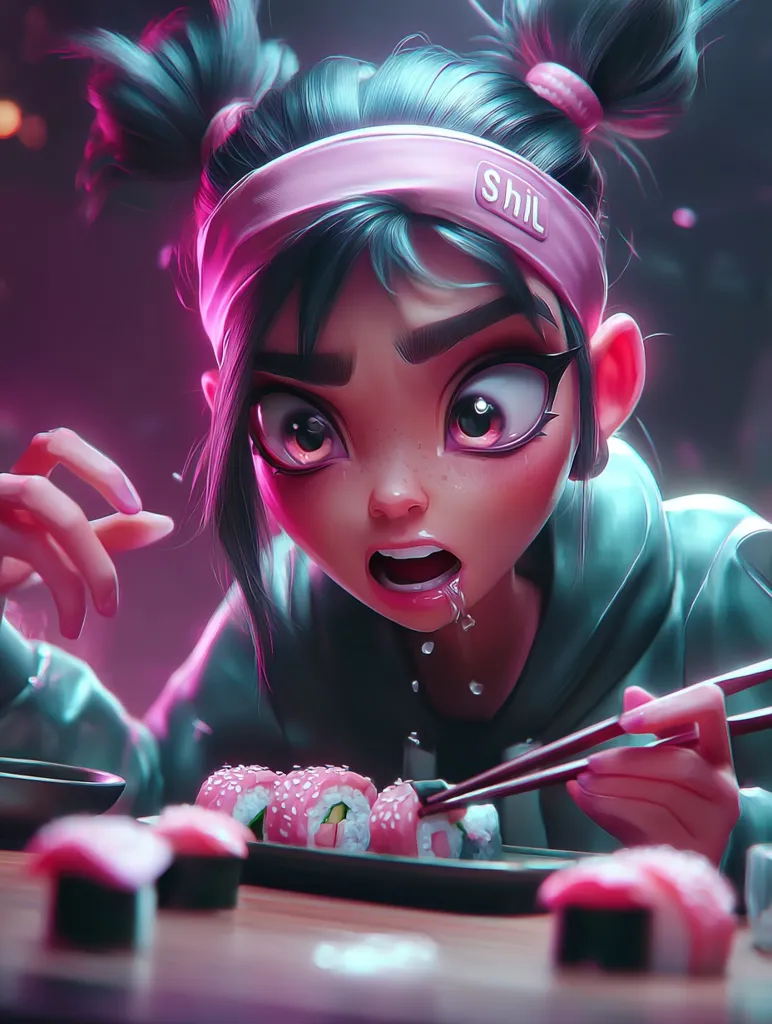 A stylized digital rendering depicts a girl with teal hair in pigtails, wearing a pink headband that reads "SHIL."  She's intensely focused on a plate of sushi, her mouth open, and a string of saliva drips down her chin as she enthusiastically uses chopsticks. The vibrant, neon-lit scene creates a dynamic and energetic atmosphere.