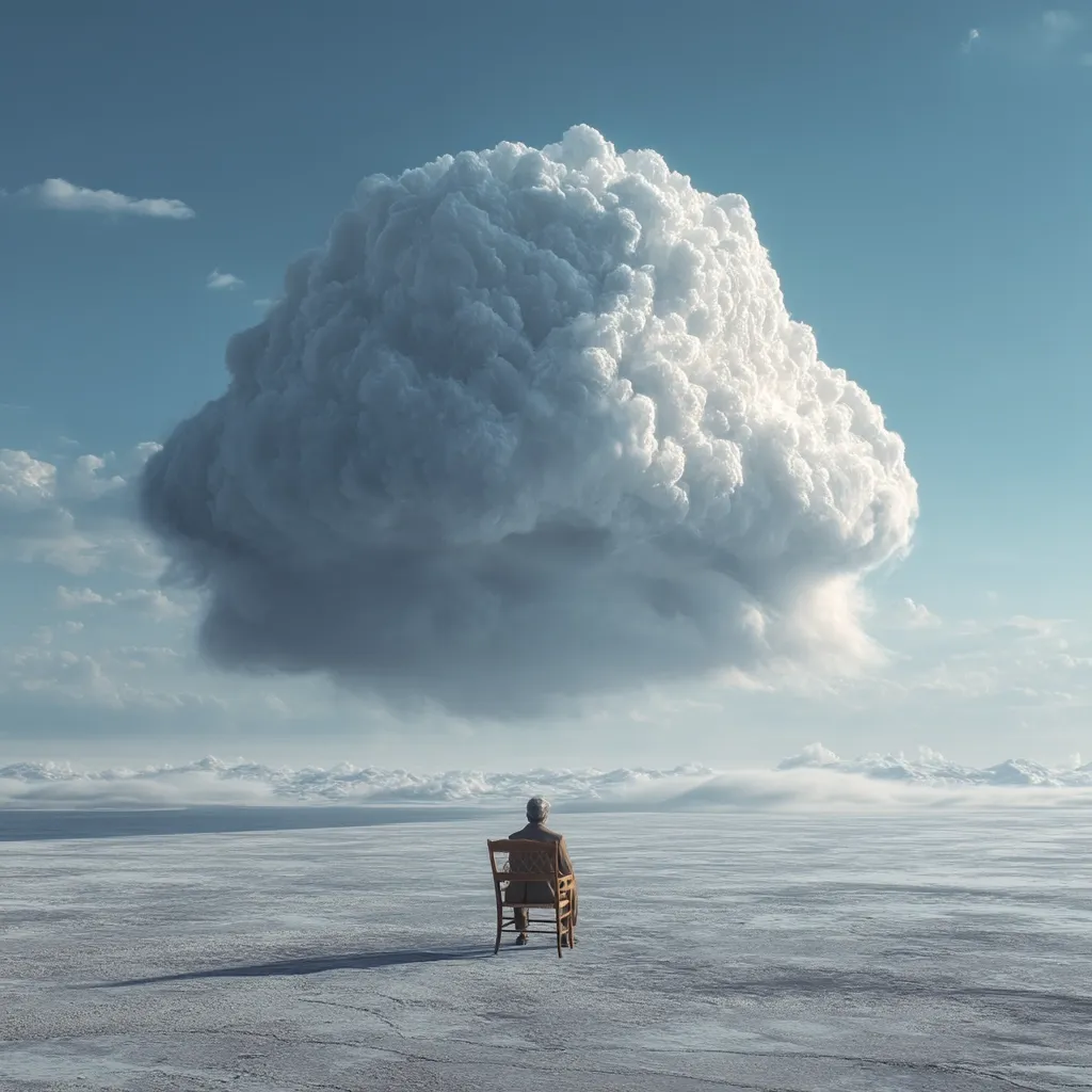A lone figure sits on a wooden chair in a vast, white, desolate landscape.  A massive, cumulus cloud dominates the sky above, casting a shadow of contemplation over the scene. The image evokes a sense of solitude, scale, and the weight of expectation or impending change. The stark contrast between the small figure and the immense cloud underscores the feeling of insignificance in the face of nature's grandeur.