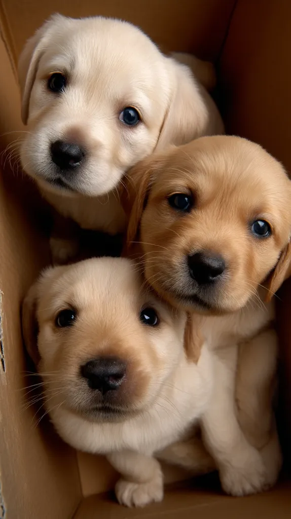 Three adorable golden Labrador Retriever puppies huddle together inside a cardboard box.  Their soft, fluffy fur and big, expressive eyes create a heartwarming image.  The puppies are various shades of cream and light gold, snuggled close for warmth and comfort.  The overall scene is one of innocence and cuteness.