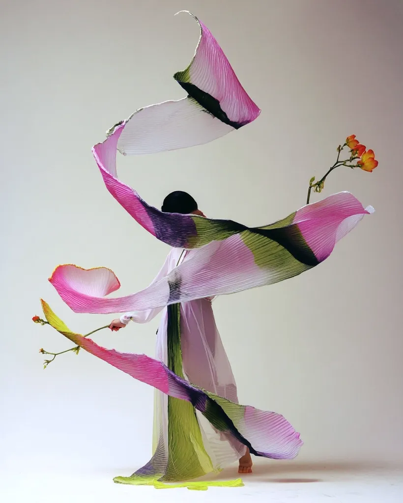 A person in a long, white dress is captured in a dynamic pose.  Flowing pleated fabric in shades of pink, green, and purple swirls around them, resembling stylized petals or wings.  Delicate sprigs of flowers extend from the fabric, adding to the ethereal and artistic quality of the image. The overall effect is one of graceful movement and artistic expression.