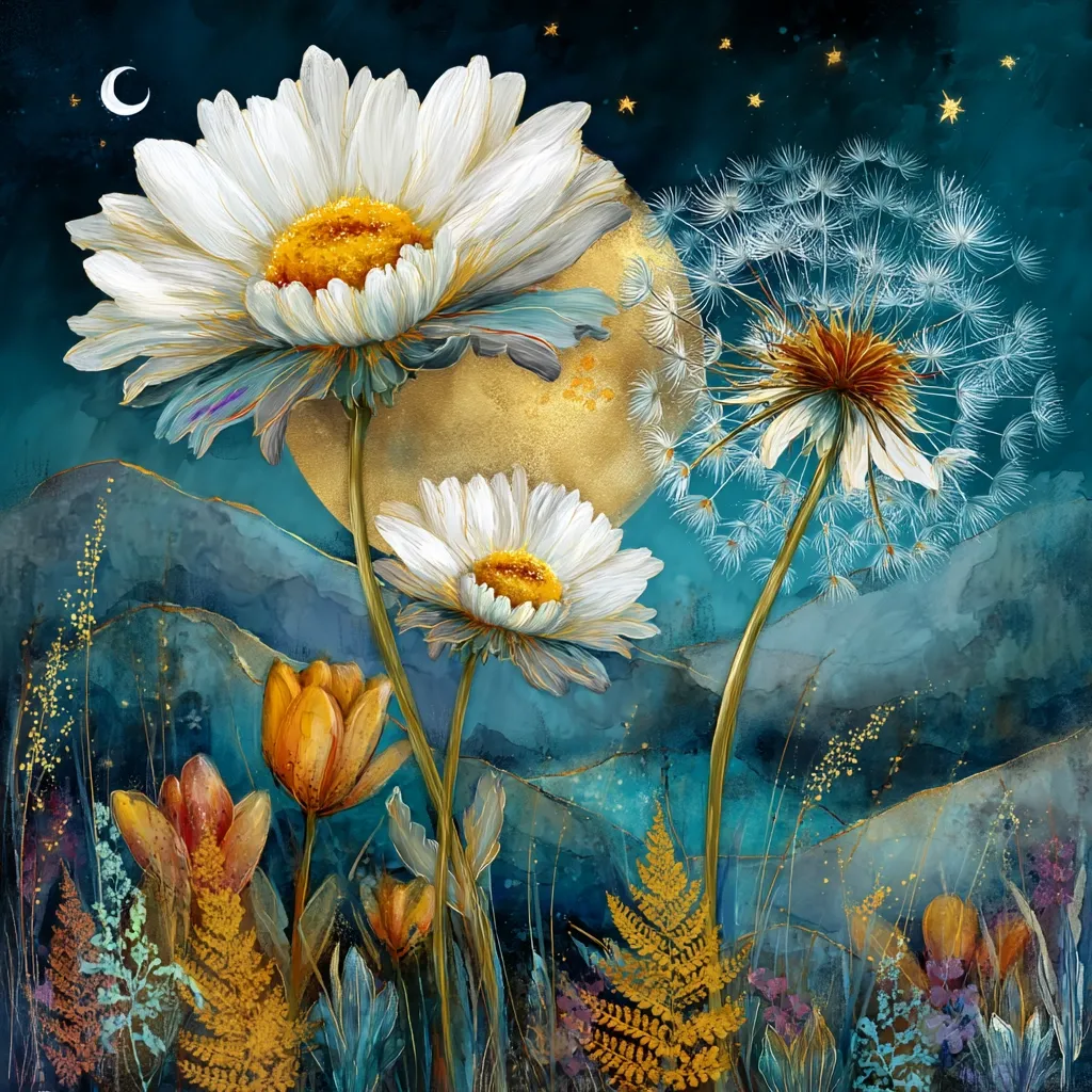 A dreamy watercolor painting depicts large white daisies and delicate dandelion clocks against a backdrop of teal mountains and a golden moon.  Smaller orange and red flowers and golden-hued ferns fill the foreground.  Stars twinkle in the dark teal sky, creating a magical, nocturnal scene.  The overall style is romantic and ethereal.