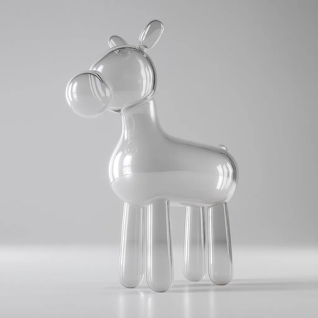 A transparent glass sculpture of a horse stands on a white surface.  Its design mimics a balloon animal, with inflated, cylindrical legs and a rounded body. The glass is clear, allowing light to pass through, creating subtle reflections. The smooth, curved forms give the piece a delicate and playful feel.