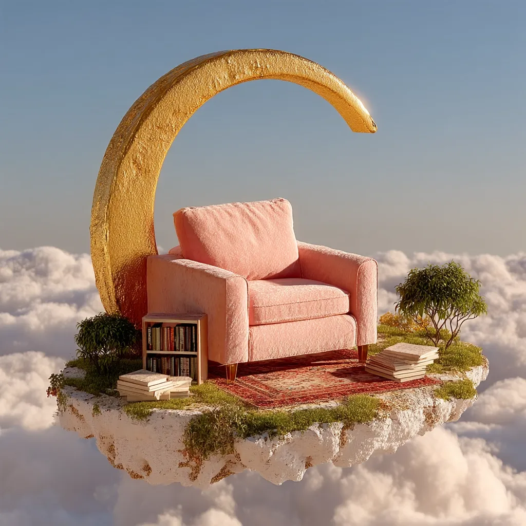 A pink armchair sits on a small, floating island amidst clouds, nestled under a golden crescent moon.  Books and small plants adorn the island, creating a serene and whimsical scene. The overall ambiance is peaceful and dreamlike, suggesting a tranquil escape or a moment of quiet contemplation.