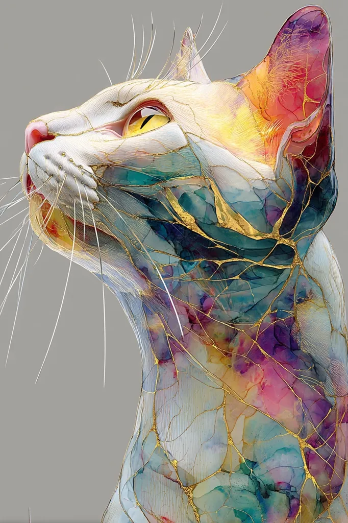 A stylized portrait of a cat, rendered in a vibrant watercolor style.  Its fur appears fractured, revealing a kaleidoscope of blues, purples, pinks, and yellows, accented with gold veins. The cat's gaze is directed upward, giving it a serene and elegant expression. The overall effect is a blend of realism and abstract art, highlighting the feline's grace and beauty.