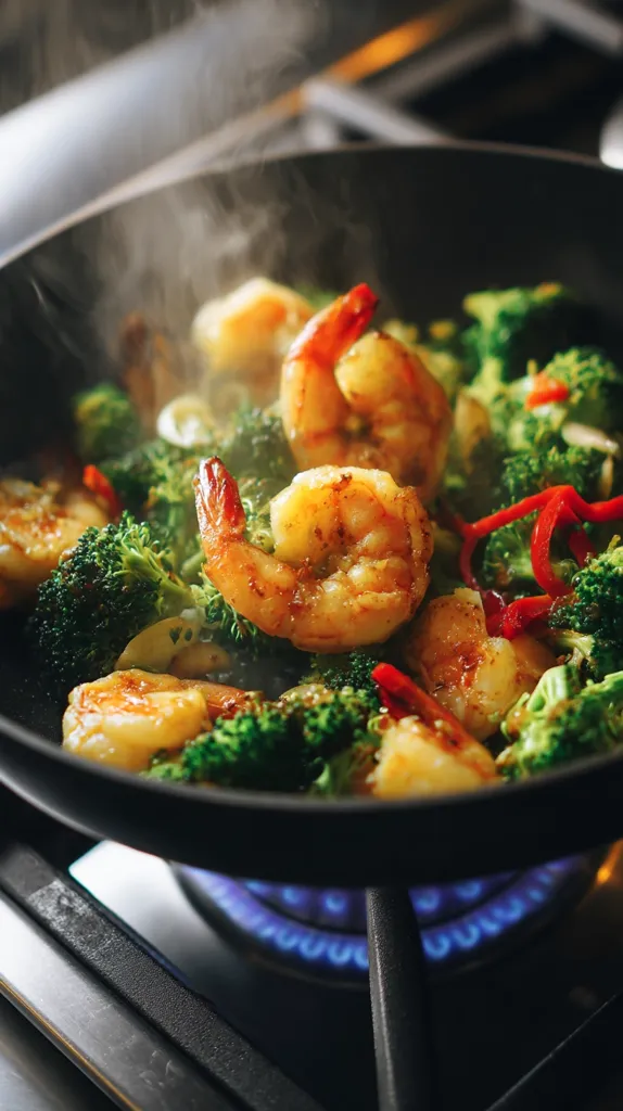 A close-up shot of a sizzling skillet filled with shrimp and broccoli.  The vibrant green broccoli contrasts with the orange-tinged shrimp, and steam rises from the pan, indicating the food is cooking on a gas stove.  Red bell pepper pieces add a splash of color to the delicious-looking dish.  The scene is warm and inviting, highlighting the culinary process.
