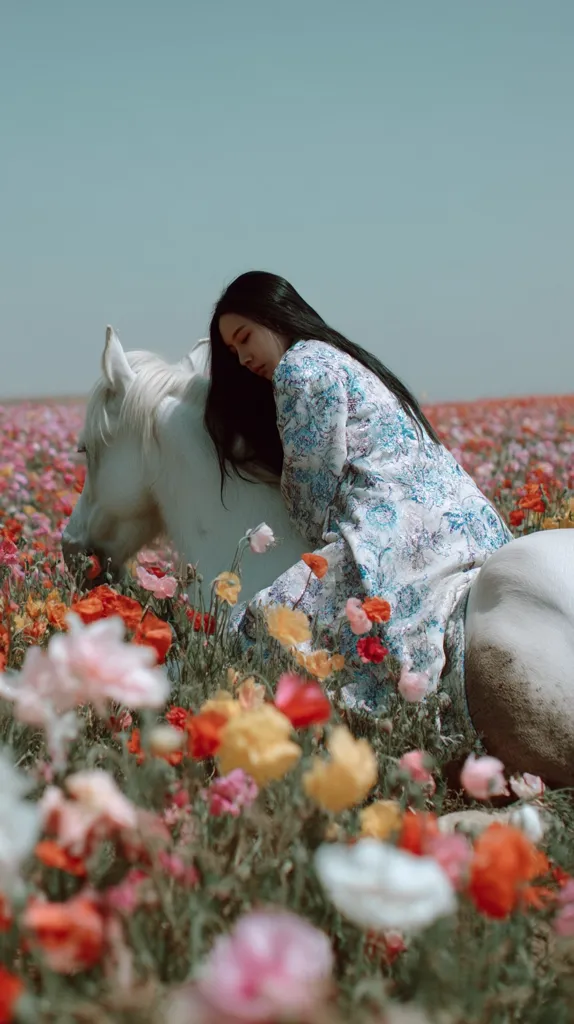 A young woman with long dark hair rests her head on a white horse amidst a vibrant field of colorful flowers. She wears a flowing, floral patterned dress. The scene is serene and peaceful, capturing a moment of quiet contemplation in a stunning natural setting. The image evokes a sense of tranquility and connection between the woman, the horse, and nature.