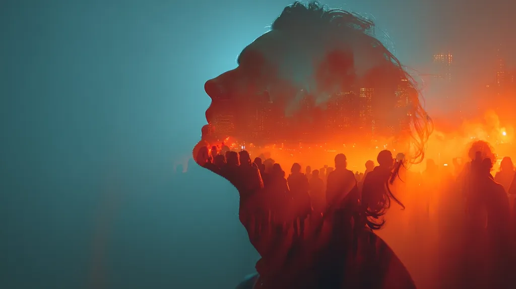 A double exposure image depicts a person's face in profile, overlaid with a vibrant cityscape at night.  The city's warm, orange glow contrasts with the cool teal background.  Silhouetted figures are visible within the city's lights, suggesting a crowd. The overall effect is surreal and evocative, possibly representing the individual's connection to a bustling urban environment.