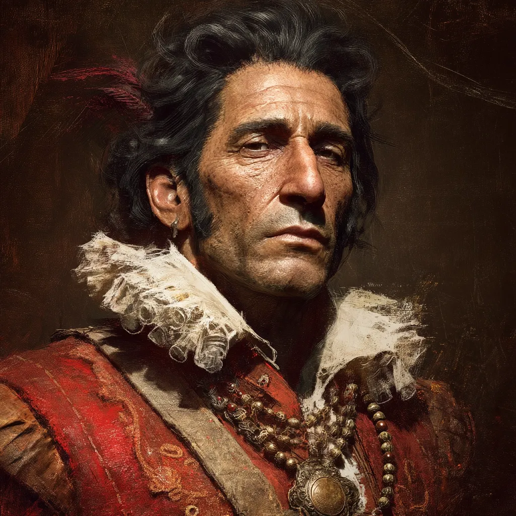 A stylized portrait of a man, possibly a pirate or nobleman, in 17th-century attire. He has dark, styled hair with a feather, a prominent nose, and a serious expression.  His clothing is rich in texture, featuring a red coat with ornate detailing and a large, ruffled collar.  He wears a gold and beaded necklace with a large pendant. The painting style evokes a classical oil portrait, rich in shadow and detail.
