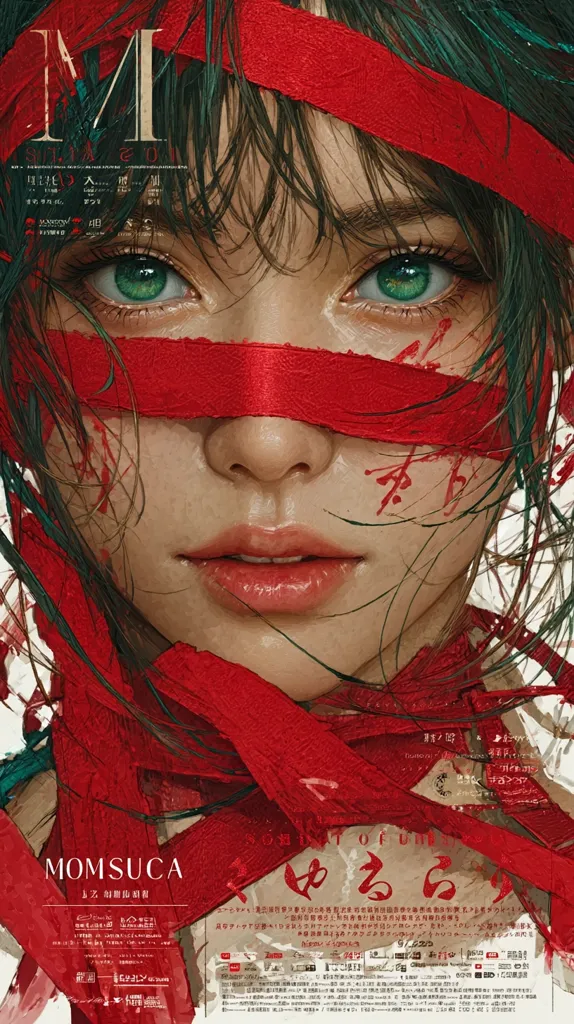 A striking close-up portrait of a young woman with vibrant green eyes.  Her face is partially obscured by crimson red fabric, creating a dramatic and mysterious atmosphere.  The image is stylized with painterly strokes and incorporates Japanese text, suggesting a movie poster or art print.  The overall mood is intense and captivating.