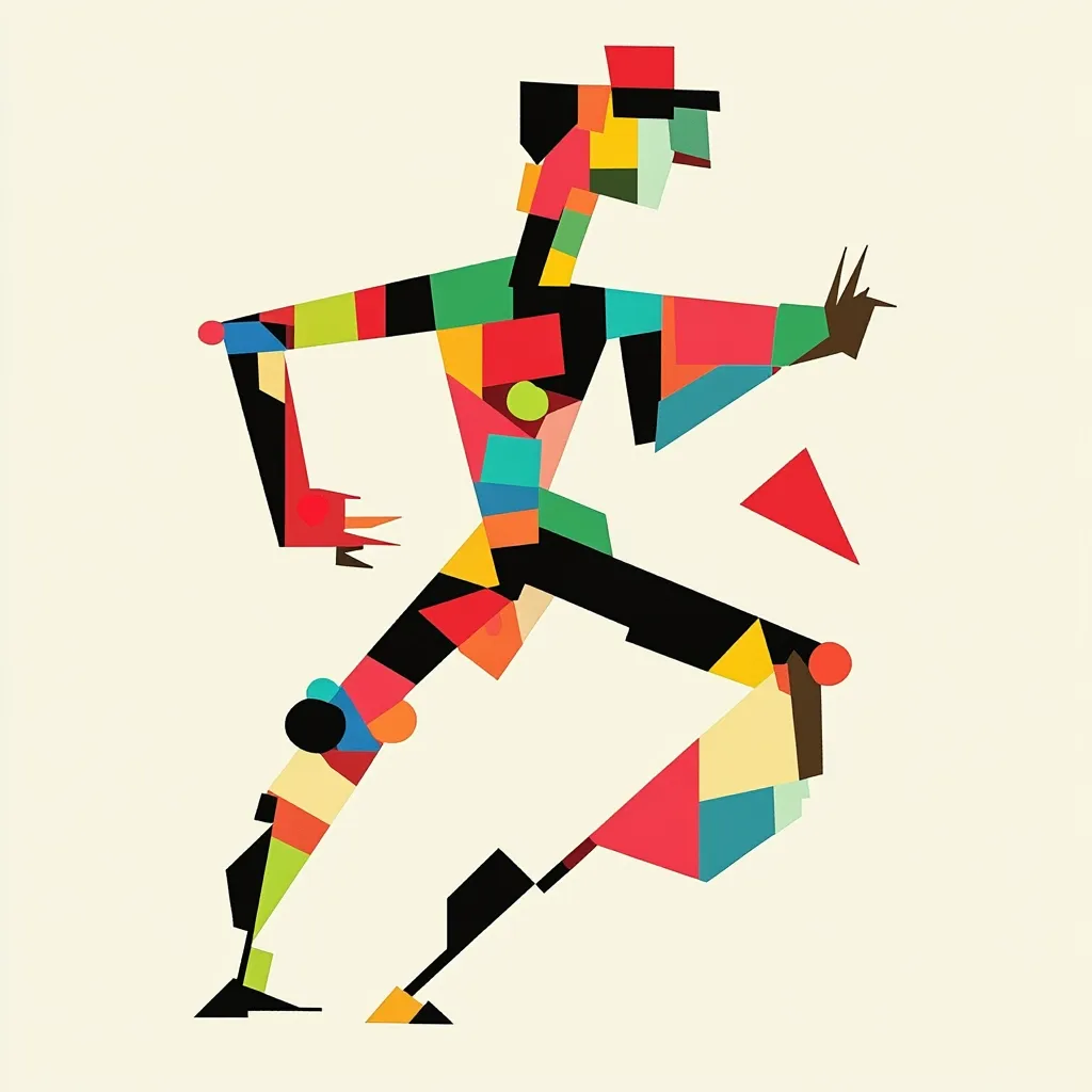 A vibrant, abstract figure is depicted in motion, composed of various geometric shapes in a bold color palette.  The figure's form suggests a dynamic pose, possibly a dancer or athlete, its limbs articulated through a patchwork of red, green, blue, yellow, and black blocks. The style is reminiscent of Cubism, simplifying the human form into fragmented, yet expressive components. The background is a simple, off-white, drawing further attention to the colorful figure.