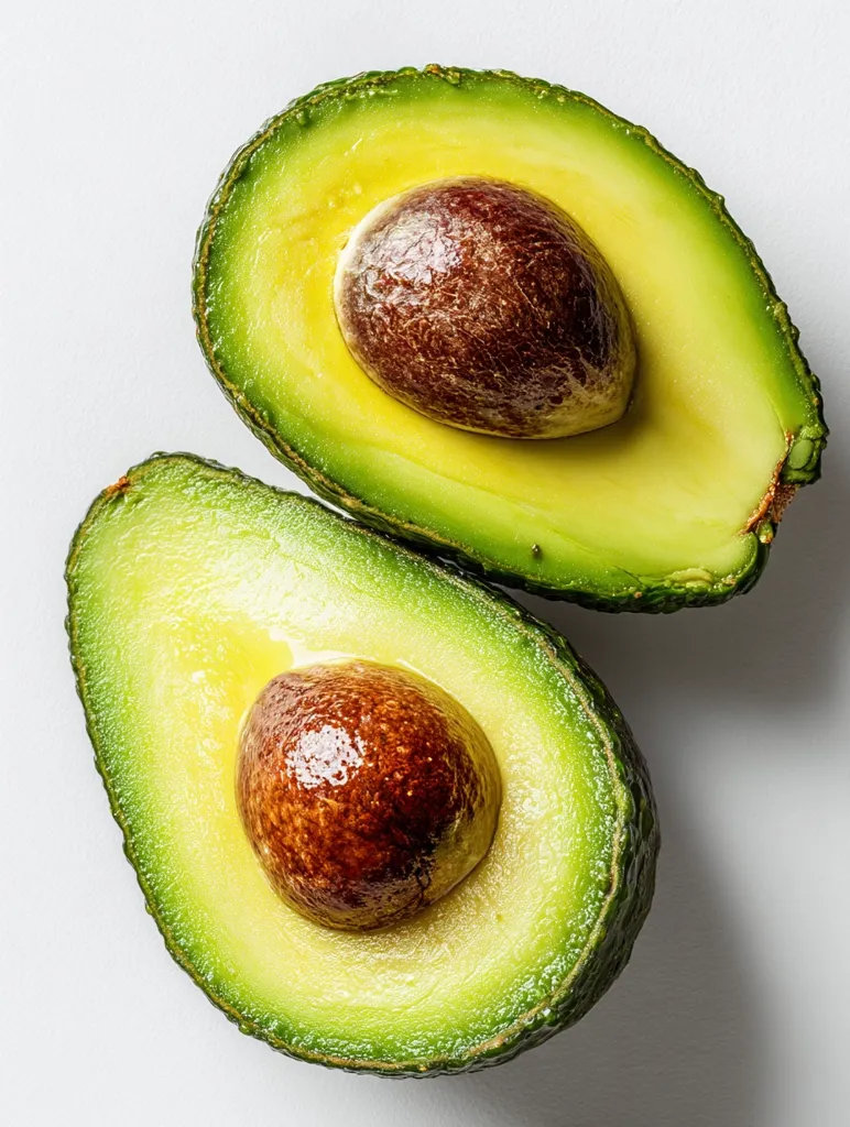 Two avocado halves are displayed against a stark white backdrop.  Their vibrant green flesh surrounds large, dark brown pits.  The avocados appear ripe and ready to eat, showcasing their creamy texture and rich color.  The image emphasizes the freshness and natural beauty of the fruit.
