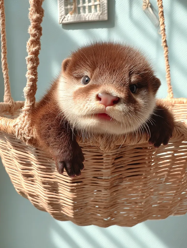 An adorable baby otter sits nestled in a light brown wicker basket hanging from a rope swing.  Sunlight streams in, illuminating the otter's fluffy brown fur and curious expression.  Its paws rest on the edge of the basket, creating a heartwarming and charming scene. The pastel blue background enhances the overall cuteness.