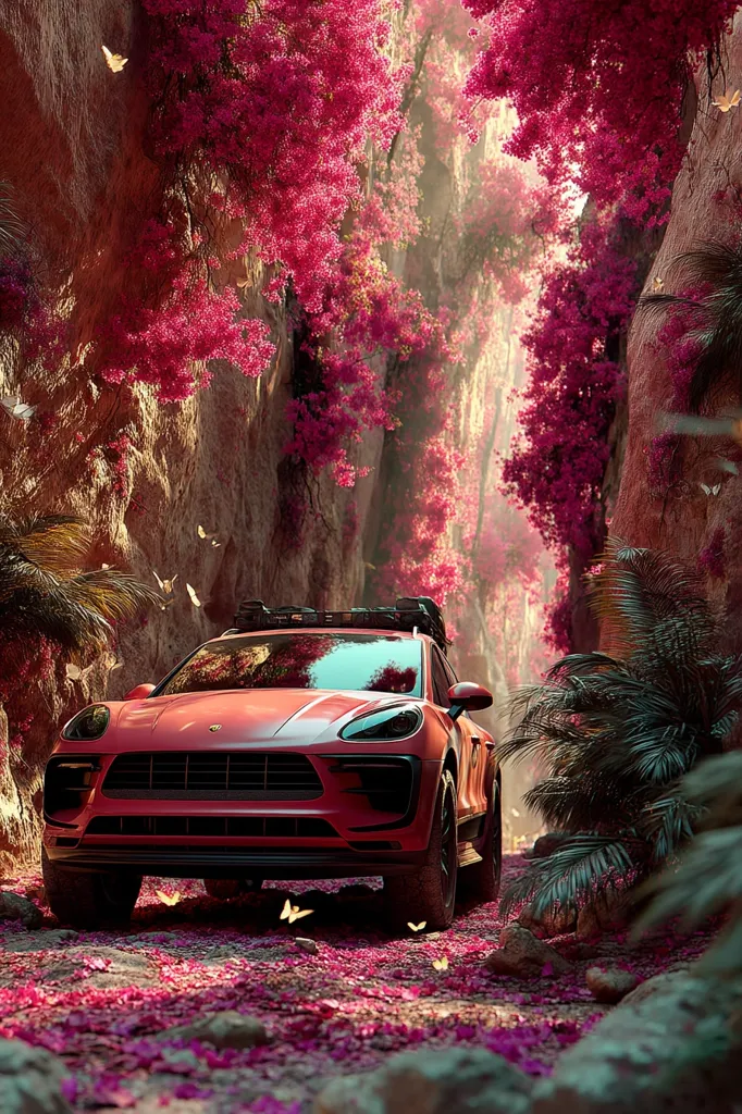A vibrant digital artwork depicts a red Porsche Macan traversing a narrow canyon pathway.  The canyon walls are adorned with lush, vibrant pink blossoms, creating a surreal, almost dreamlike atmosphere.  Butterflies flutter amidst the flowers, adding to the magical ambiance.  The scene is bathed in soft, diffused light, enhancing the overall ethereal quality.  Palm fronds frame the scene, emphasizing the contrast between the vehicle and the natural beauty.