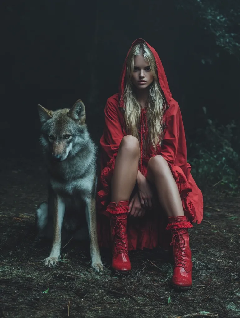 A young woman in a red hooded cloak sits in a dark forest, a wolf at her side.  She wears red lace-up boots and her blonde hair cascades down her shoulders.  The atmosphere is mysterious and evocative of Little Red Riding Hood, with a darker, more mature interpretation. The image is moody and dramatic, emphasizing the contrast between the girl and the wild setting.