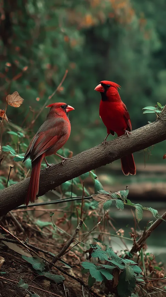 Two vibrant red Northern Cardinals perch on a weathered branch, set against a backdrop of lush, green foliage.  The birds, one slightly smaller than the other, are sharply in focus, their plumage detailed against the soft, blurred background. The scene evokes a sense of tranquility in a natural woodland setting.  A muted, earthy palette enhances the overall mood.