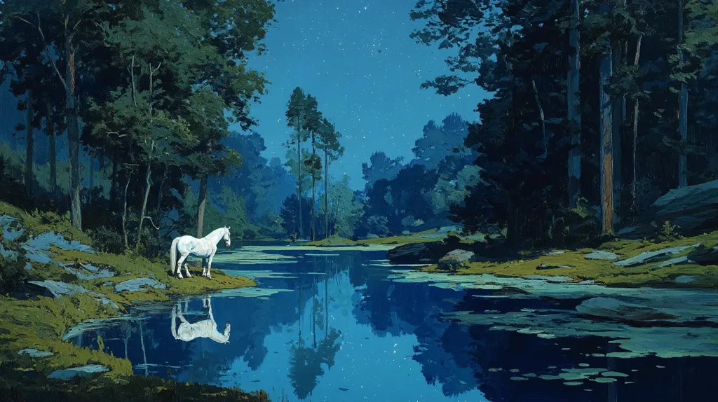 A serene nocturnal landscape unfolds, showcasing a tranquil lake nestled amidst a dense forest under a starlit sky.  A lone white horse stands on the lakeshore, its reflection mirrored in the still water. The scene is painted in cool, dark blues and greens, creating a peaceful and slightly mystical atmosphere.  The composition is balanced, with the horse as the focal point, contrasting against the deep tones of the surrounding nature.