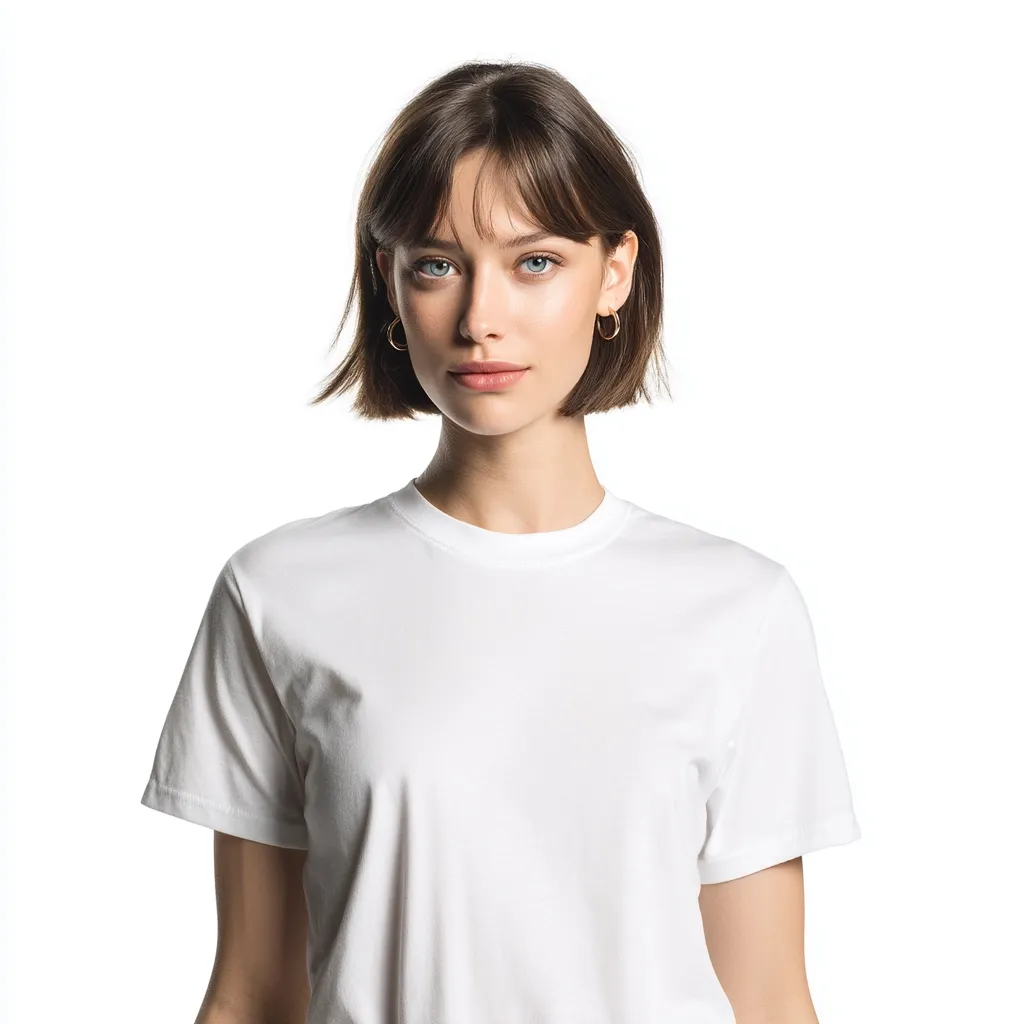 A young woman with shoulder-length brown hair and blunt bangs stands against a white background. She wears a plain white t-shirt and small gold hoop earrings.  Her expression is neutral, and she looks directly at the camera. The image is clean and simple, focusing on the woman's face and attire.